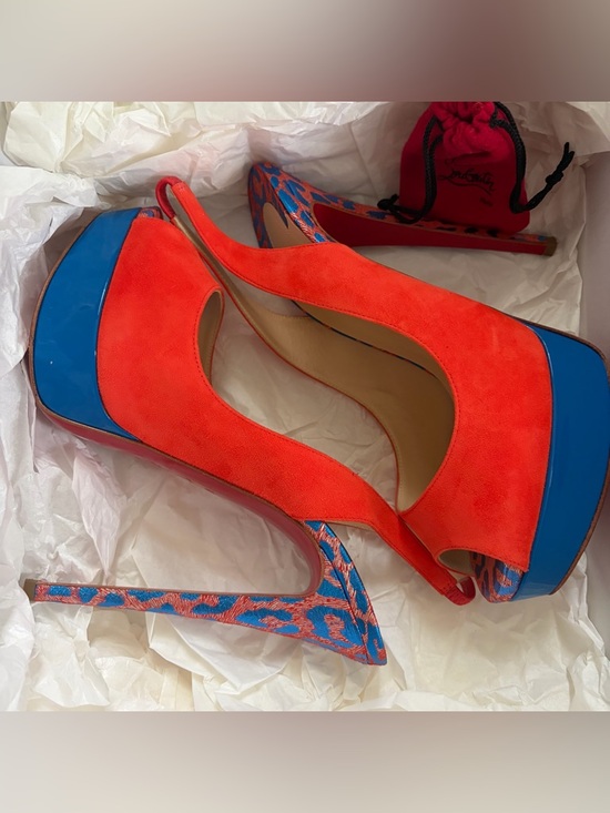 Christian Louboutin Red/Orange Suede Peep-Toe Platform Slingback Size 38.5 - Picture 7 of 9